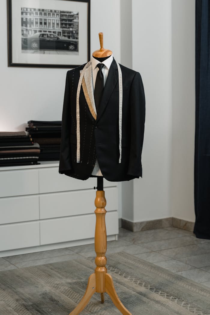 A stylish black suit jacket displayed on a mannequin with a measuring tape, showcasing bespoke tailoring in an elegant studio setting.